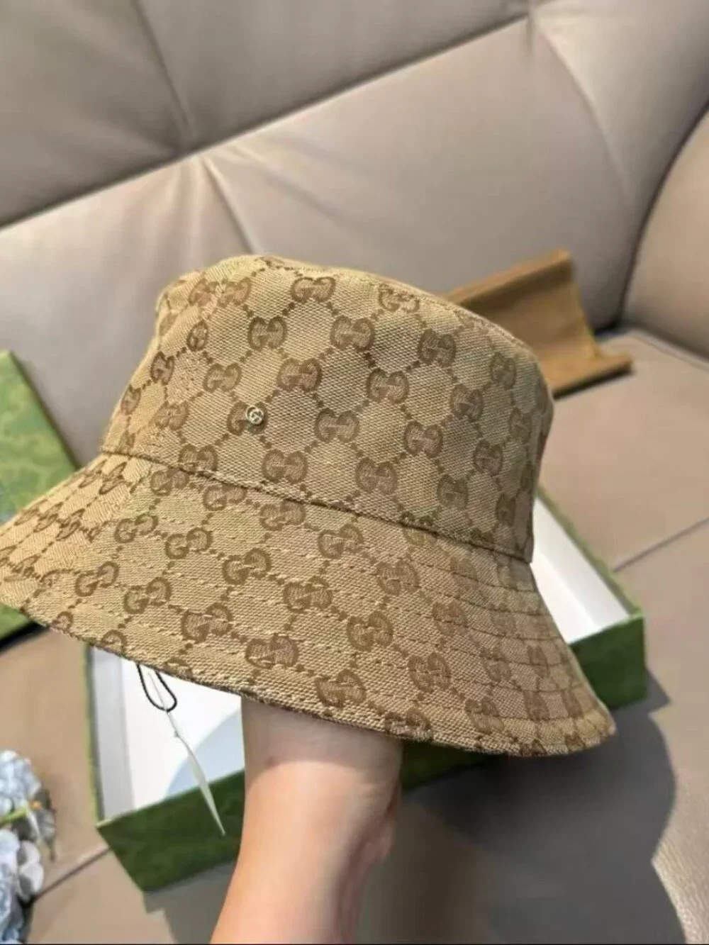 Gucci Beige GG Monogram Bucket Hat Canvas Sun Hat